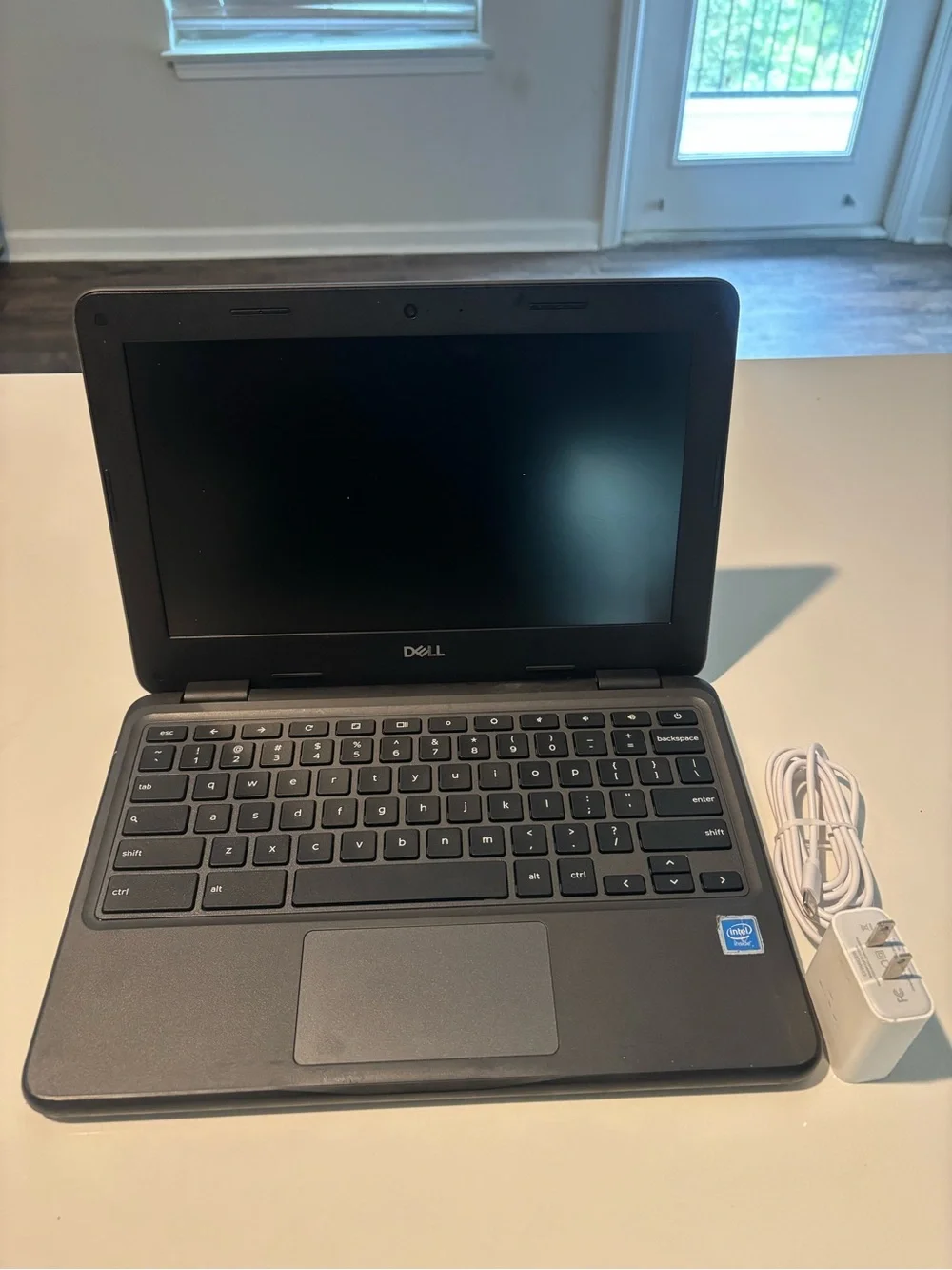 Dell Black Chromebook Laptop with White Charger OBO